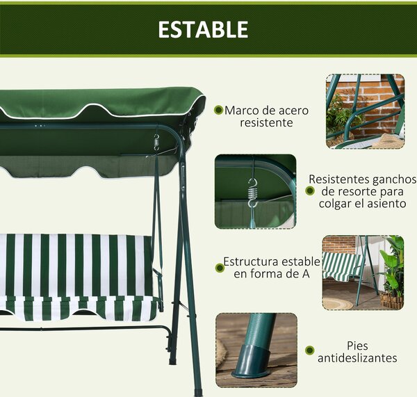 Outsunny Zahradní houpačka pro 3 osoby s nastavovací markýzou a ocelovou konstrukcí pro balkon, terasu, patio Nosnost 240 kg 172x110x153 cm Zelený pru