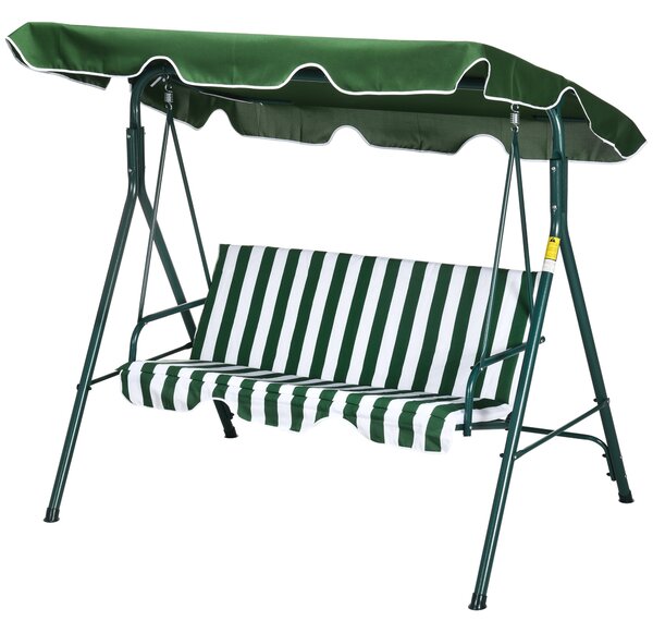 Outsunny Zahradní houpačka pro 3 osoby s nastavovací markýzou a ocelovou konstrukcí pro balkon, terasu, patio Nosnost 240 kg 172x110x153 cm Zelený pru