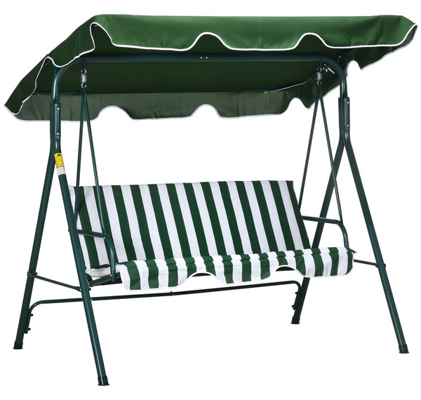Outsunny Zahradní houpačka pro 3 osoby s nastavovací markýzou a ocelovou konstrukcí pro balkon, terasu, patio Nosnost 240 kg 172x110x153 cm Zelený pru