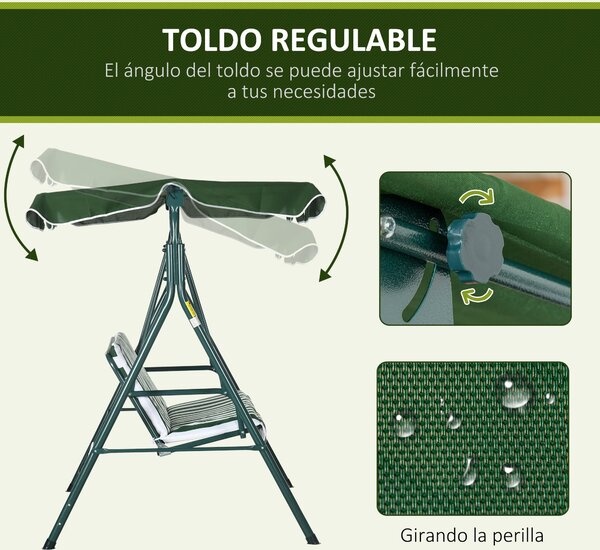 Outsunny Zahradní houpačka pro 3 osoby s nastavovací markýzou a ocelovou konstrukcí pro balkon, terasu, patio Nosnost 240 kg 172x110x153 cm Zelený pru