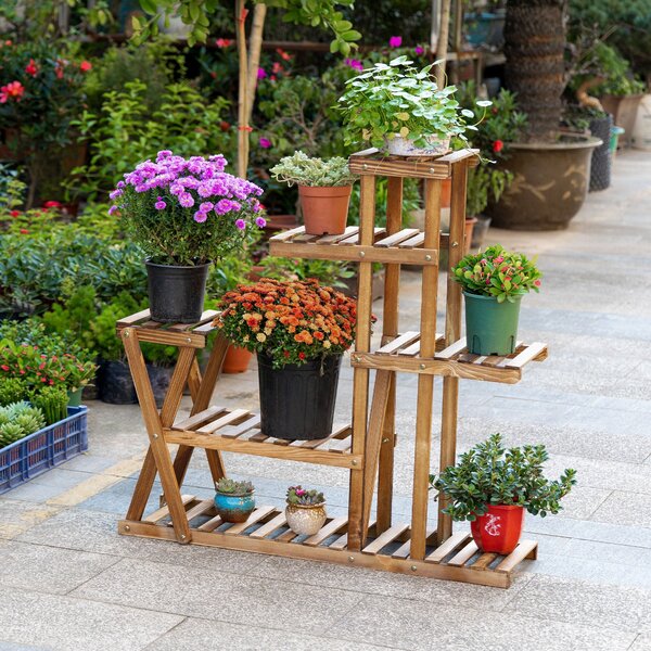 Outsunny stojan na rostliny s dřevěnými nohami, pětilevelový regál na květiny, nosnost 60 kg, pro interiér a exteriér, terasa, zahrada, balkon 98x28x9