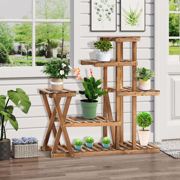 Outsunny stojan na rostliny s dřevěnými nohami, pětilevelový regál na květiny, nosnost 60 kg, pro interiér a exteriér, terasa, zahrada, balkon 98x28x9
