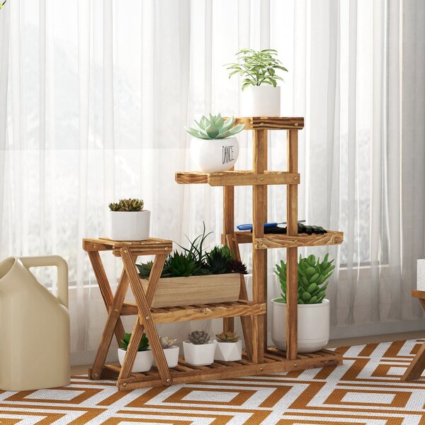 Outsunny stojan na rostliny s dřevěnými nohami, pětilevelový regál na květiny, nosnost 60 kg, pro interiér a exteriér, terasa, zahrada, balkon 98x28x9