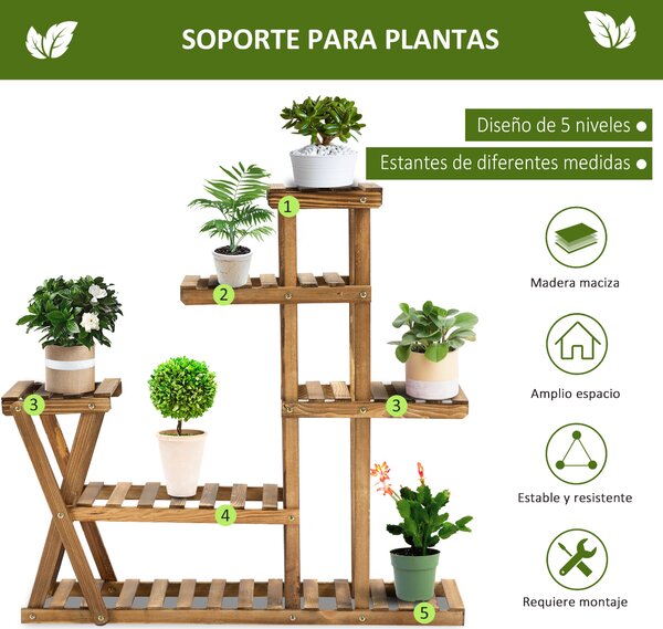 Outsunny stojan na rostliny s dřevěnými nohami, pětilevelový regál na květiny, nosnost 60 kg, pro interiér a exteriér, terasa, zahrada, balkon 98x28x9