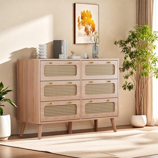 Komoda Fortuna Lai s 6 zásuvkami, nohy z masivního dřeva, moderní design, nábytek do ložnice, 100x34x73 cm, hnědá barva