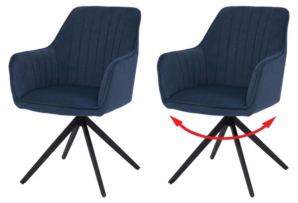 Sada 2 jídelních židlí HWC-L79, kuchyňská židle s opěrkou, židle s područkami, otočná, automatická poloha, látka/textil modrá