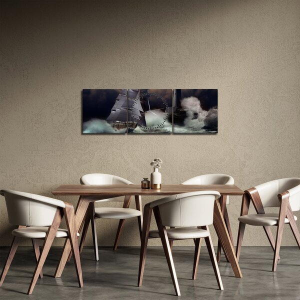 Obraz - Loď plující skrz bouřlivé vlny (s hodinami) (90x30 cm)
