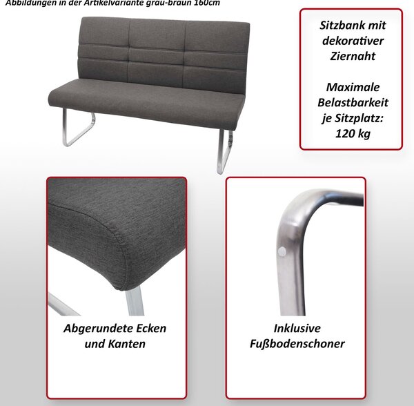 Set 2x jídelní židle+lavice HWC-G55, lavice kuchyňská židle+opěrka, látka/textil nerezová ocel šedohnědá lavice 160cm