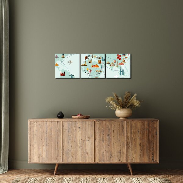 Obraz - Mapa s piktogramy památek (s hodinami) (90x30 cm)