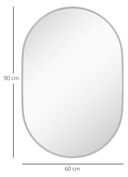HOMCOM Oválné Zrcadlo do Koupelny 60x90 cm se Stříbrným Hliníkovým Rámem - Dekorativní Zrcadlo na Zeď Horizontální nebo Vertikální pro Obývací Pokoj