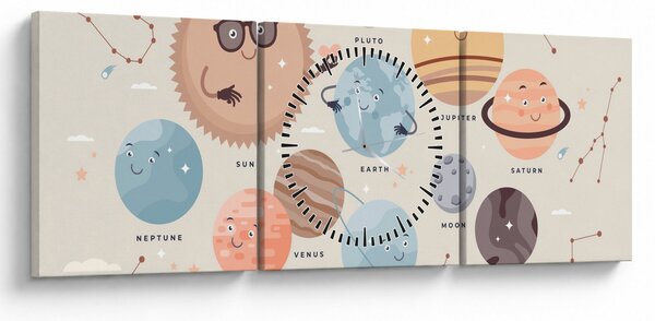 Obraz - Planetky s názvy (s hodinami) (90x30 cm)