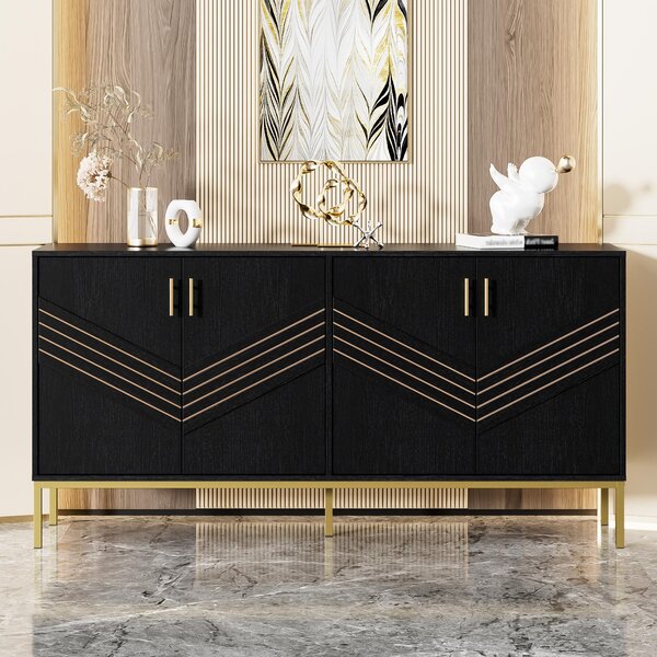 Sweiko Moderní příborník se 4 dvířky - stylový design v černé a zlaté barvě, korpus z MDF s kovovými nohami, velký objem, výškově nastavitelné police - do obývacího pokoje, jídelny a předsíně