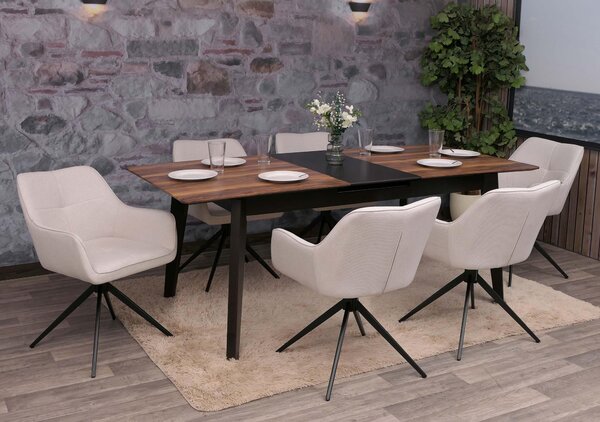 Sada 6 jídelních židlí HWC-O47, područky kuchyňských židlí, otočné s automatickým vrácením, látka/textil (270g/m²) krémově bílá