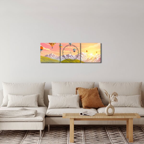 Obraz balónů nad krajinou (s hodinami) (90x30 cm)