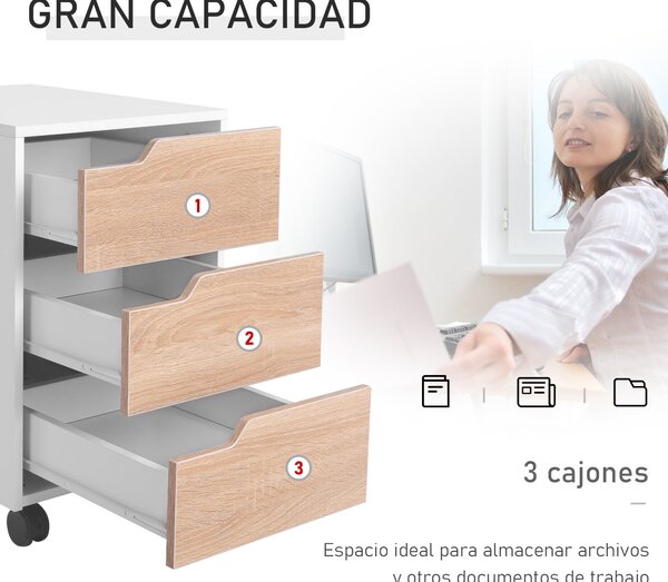 HOMCOM Počítačová skříňka s koly, 3-zásuvková skříňka na dokumenty pro studijní stůl 40x50x57.5 cm Dub a bílá | Aosom