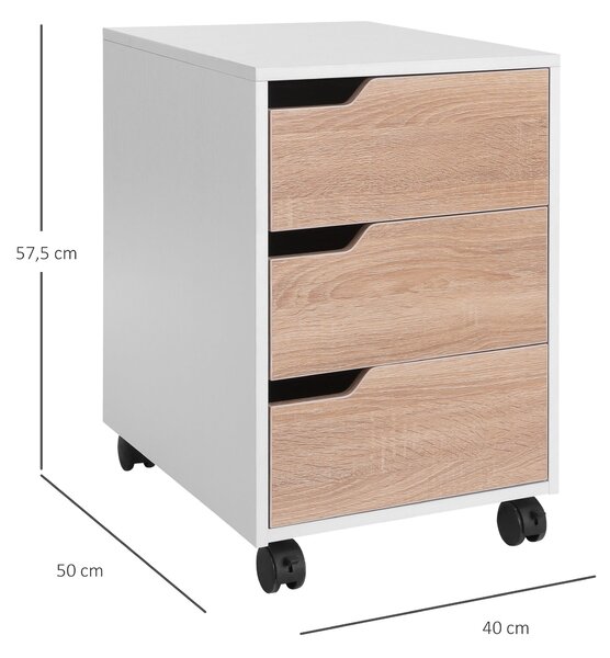 HOMCOM Počítačová skříňka s koly, 3-zásuvková skříňka na dokumenty pro studijní stůl 40x50x57.5 cm Dub a bílá | Aosom