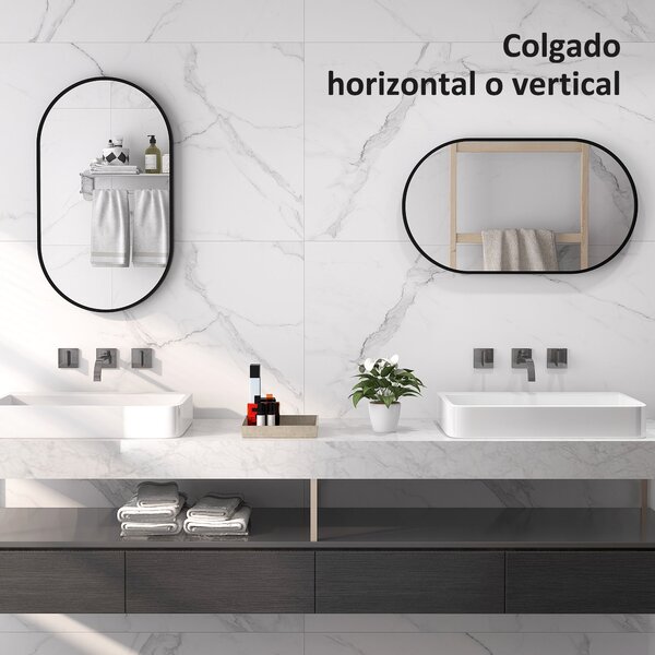 HOMCOM Oválné Koupelnové Zrcadlo 40x70 cm s Hliníkovým Rámem Dekorativní Zrcadlo na Zeď Horizontální nebo Vertikální pro Obývací Pokoj Vstupní Halus Č