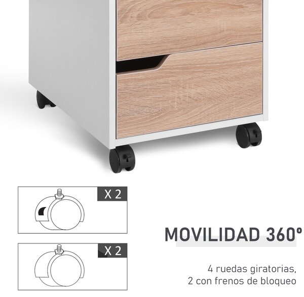 HOMCOM Počítačová skříňka s koly, 3-zásuvková skříňka na dokumenty pro studijní stůl 40x50x57.5 cm Dub a bílá | Aosom