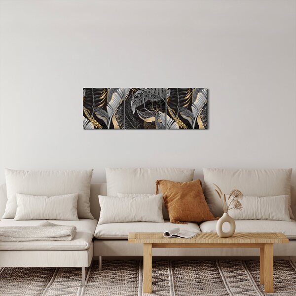 Obraz - Tropické listy v černo-zlaté (s hodinami) (90x30 cm)