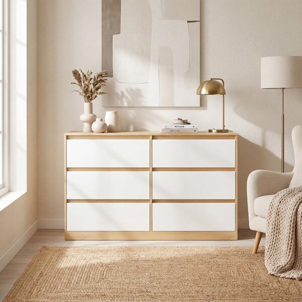 Komoda VASAGLE se 6 zásuvkami – moderní příborník do ložnice, rozměry 119,4 x 40 x 75 cm, barva mandlová žlutá a bílá