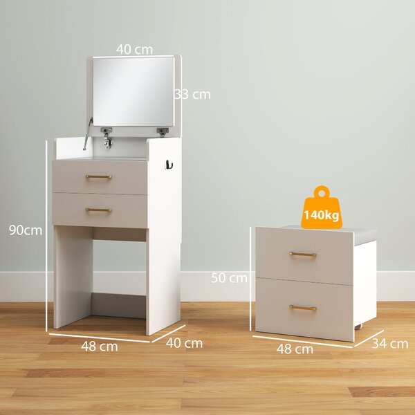 HOMCOM 3-v-1 Toaletní Stolek se Židlí - Toaletní Stolek s Zrcadlem, Zásuvkami a Skleněnou Deskou - Moderní Toaletní Stolek do Ložnice 48x40x90 cm Bílý