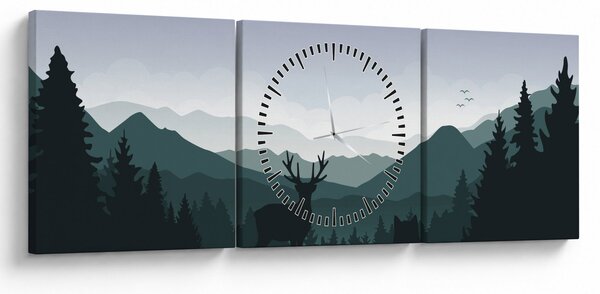 Obraz - Jelen s vlkem ve skalách (s hodinami) (90x30 cm)