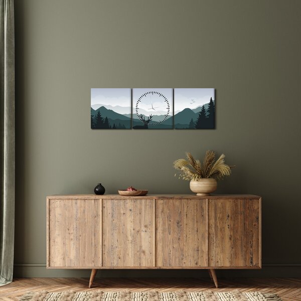 Obraz - Jelen s vlkem ve skalách (s hodinami) (90x30 cm)