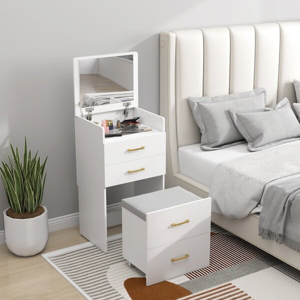 HOMCOM 3-v-1 Toaletní Stolek se Židlí - Toaletní Stolek s Zrcadlem, Zásuvkami a Skleněnou Deskou - Moderní Toaletní Stolek do Ložnice 48x40x90 cm Bílý