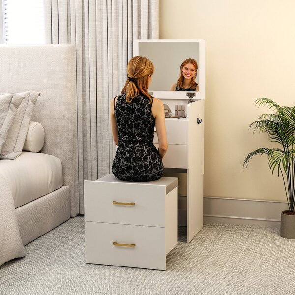 HOMCOM 3-v-1 Toaletní Stolek se Židlí - Toaletní Stolek s Zrcadlem, Zásuvkami a Skleněnou Deskou - Moderní Toaletní Stolek do Ložnice 48x40x90 cm Bílý