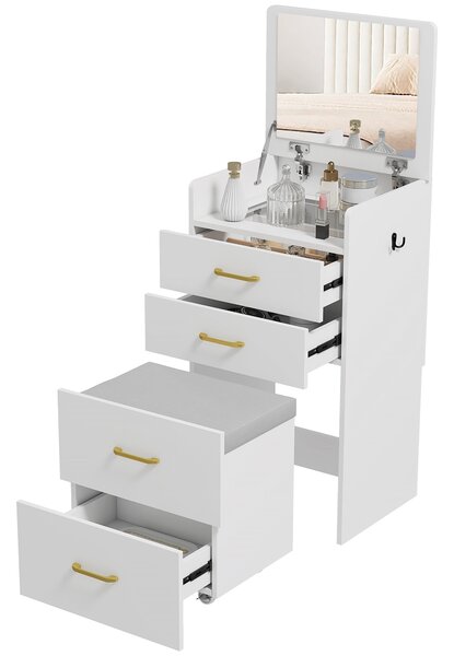 HOMCOM 3-v-1 Toaletní Stolek se Židlí - Toaletní Stolek s Zrcadlem, Zásuvkami a Skleněnou Deskou - Moderní Toaletní Stolek do Ložnice 48x40x90 cm Bílý