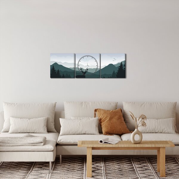 Obraz - Jelen s vlkem ve skalách (s hodinami) (90x30 cm)