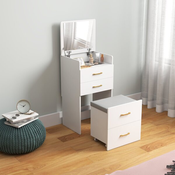 HOMCOM 3-v-1 Toaletní Stolek se Židlí - Toaletní Stolek s Zrcadlem, Zásuvkami a Skleněnou Deskou - Moderní Toaletní Stolek do Ložnice 48x40x90 cm Bílý
