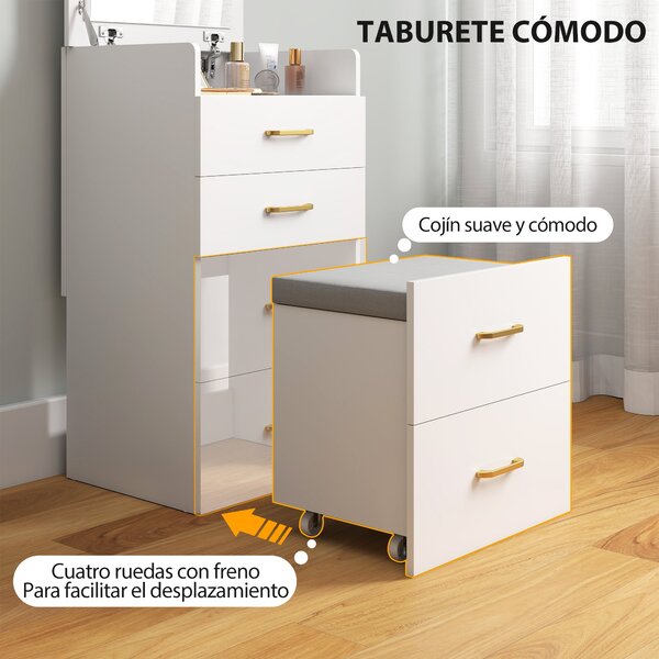 HOMCOM 3-v-1 Toaletní Stolek se Židlí - Toaletní Stolek s Zrcadlem, Zásuvkami a Skleněnou Deskou - Moderní Toaletní Stolek do Ložnice 48x40x90 cm Bílý