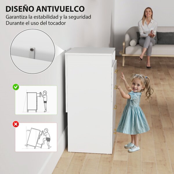 HOMCOM 3-v-1 Toaletní Stolek se Židlí - Toaletní Stolek s Zrcadlem, Zásuvkami a Skleněnou Deskou - Moderní Toaletní Stolek do Ložnice 48x40x90 cm Bílý