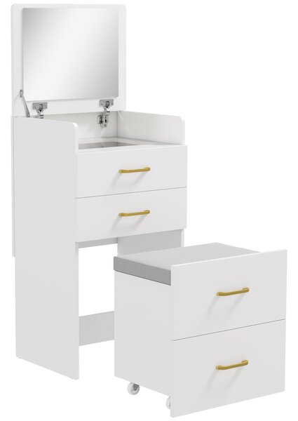 HOMCOM 3-v-1 Toaletní Stolek se Židlí - Toaletní Stolek s Zrcadlem, Zásuvkami a Skleněnou Deskou - Moderní Toaletní Stolek do Ložnice 48x40x90 cm Bílý