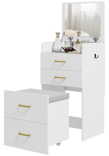 HOMCOM 3-v-1 Toaletní Stolek se Židlí - Toaletní Stolek s Zrcadlem, Zásuvkami a Skleněnou Deskou - Moderní Toaletní Stolek do Ložnice 48x40x90 cm Bílý