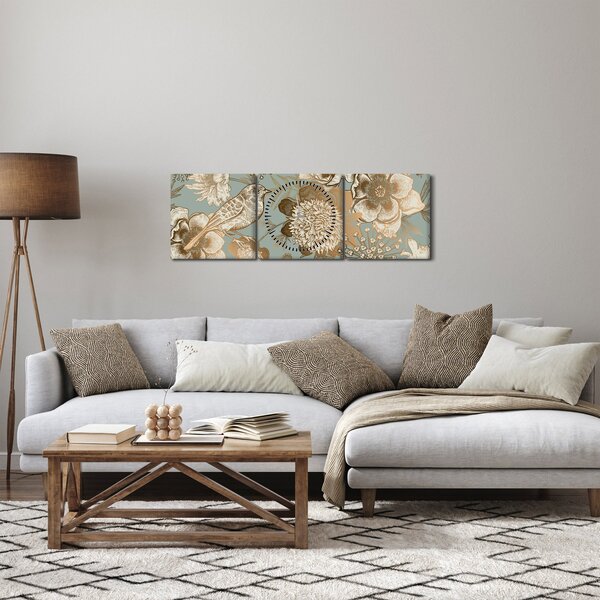Obraz zlatých květů (s hodinami) (90x30 cm)