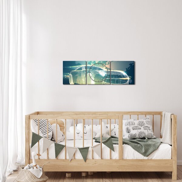Obraz auta z geometrických tvarů (s hodinami) (90x30 cm)
