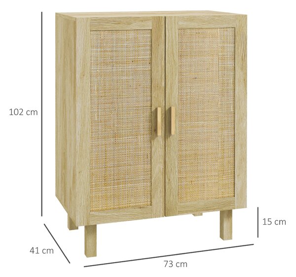 HOMCOM Ratanová komoda se 2 dveřmi v bohémském stylu s nastavitelnými policemi pro jídelnu, předsíň a ložnici, přírodní 73x41x102 cm | Aosom