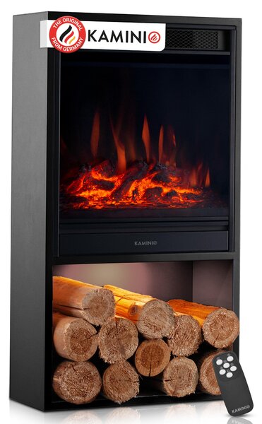 KAMINIO Elektrický krb HUGO – Elektrický krb s topením, 3D efektem plamenů, LED ambientním osvětlením, přihrádkou na dřevo, dálkovým ovládáním – černý