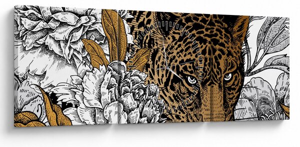 Obraz - Leopard mezi květy (s hodinami) (90x30 cm)