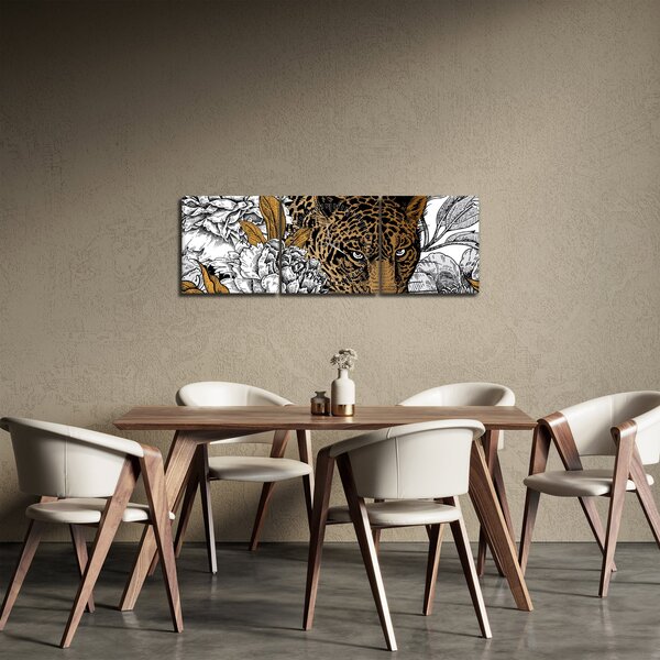 Obraz - Leopard mezi květy (s hodinami) (90x30 cm)