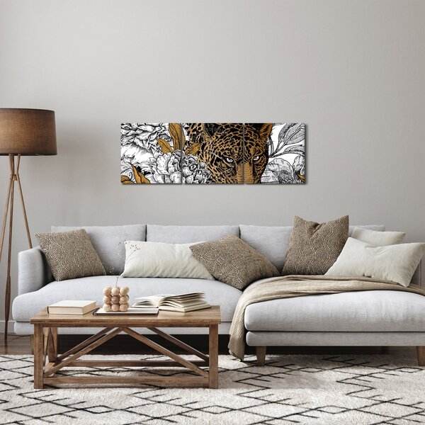 Obraz - Leopard mezi květy (s hodinami) (90x30 cm)