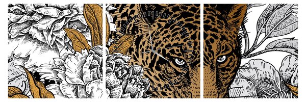 Obraz - Leopard mezi květy (s hodinami) (90x30 cm)
