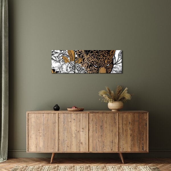 Obraz - Leopard mezi květy (s hodinami) (90x30 cm)