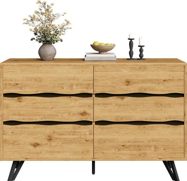 Moderní příborník 120x40x75,5 cm (dřevo + kovové nohy): 6 zásuvek, velký úložný prostor, minimalistický design, obývací pokoj/jídelna