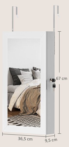 HOMCOM Zrcadlová skříňka na šperky s uzamčením a více přihrádkami na náušnice, náhrdelníky, prsteny a náramky - Bílá s krémovým podšívkou | Aosom