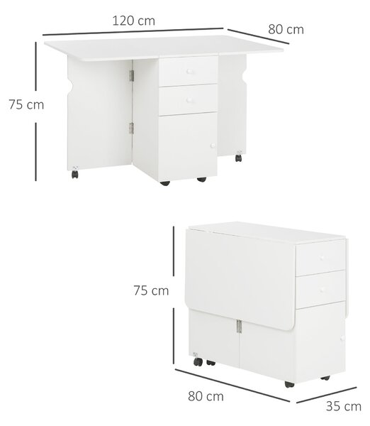 HOMCOM Skládací Jídelní Stůl Rozkládací Kuchyňský Stůl se Skládacími Křídly, 6 Kol a 2 Úložnými Šuplíky, Moderní Styl 120x80x75 cm Bílý | Aosom