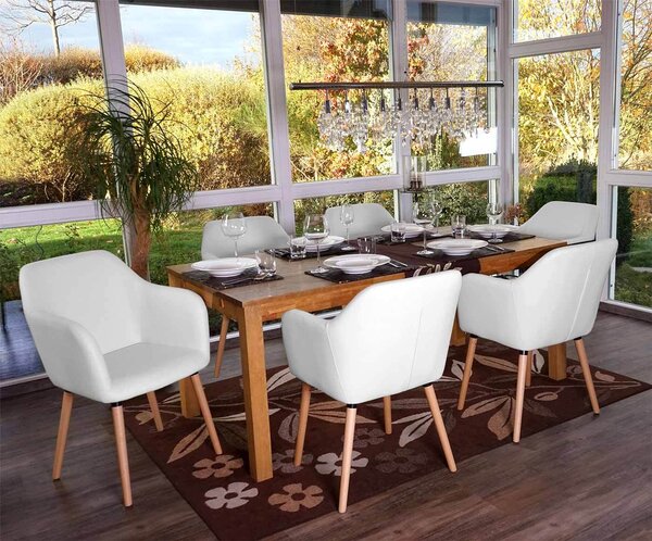 Sada 6 jídelních židlí Malmö T381, židle kuchyňská židle, retro design 50. let Imitace kůže, bílá, světlé nohy