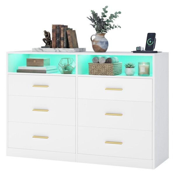 Komoda VASAGLE s LED osvětlením a nabíjecí stanicí, 6 zásuvek, moderní, do ložnice i obývacího pokoje, bílá